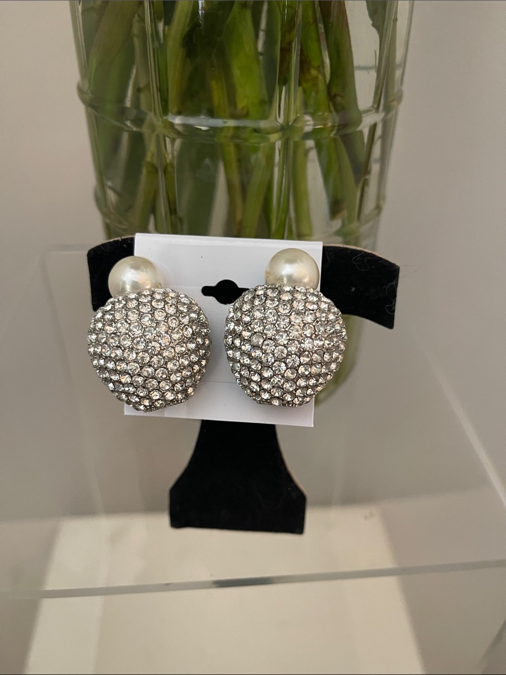 Vintage Crystal Pavé and Pearl Oval  Clip Earrings